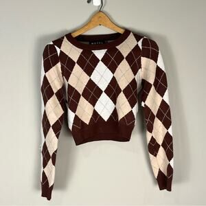 Motel Cropped Argyle Sweater Size Small Academia Office Brown Chic School Preppy